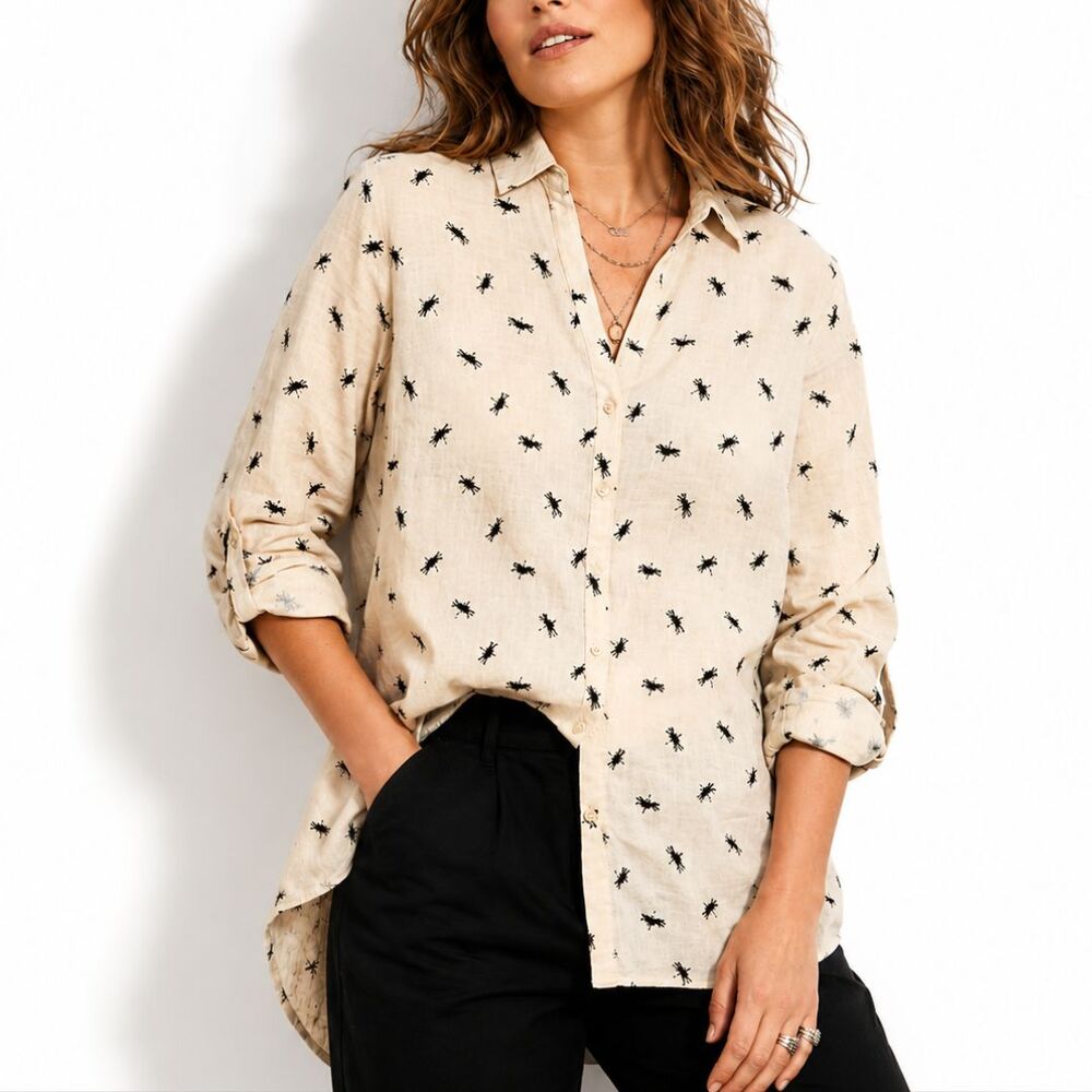 Isaac Mizrahi 100% Linen Shirt Women L Dragonfly Print Beige Roll Tab Sleeve